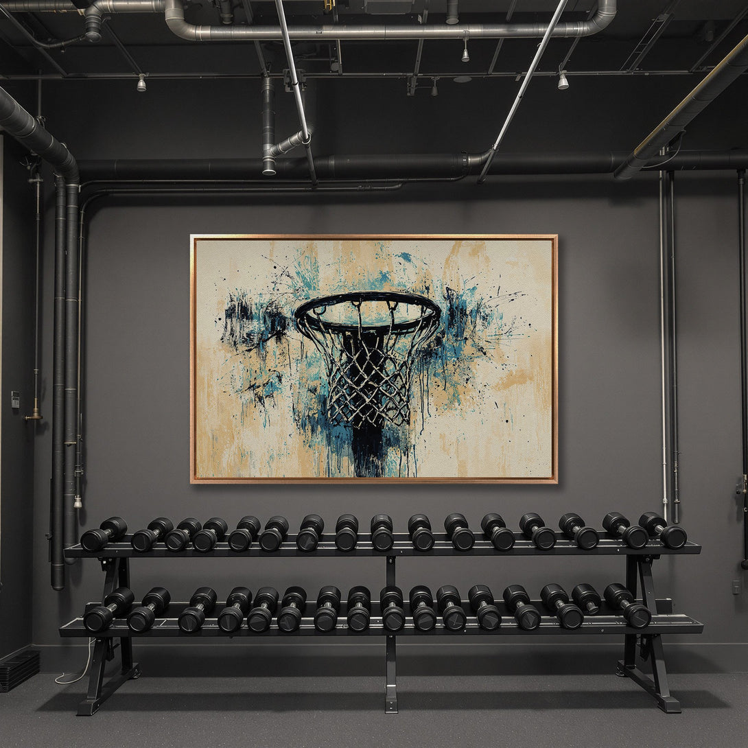 Framed Wall Art: Abstract basketball hoop art in a modern gym setting. Features a blue, beige, and black color palette. Elevate your space with this unique canvas print.