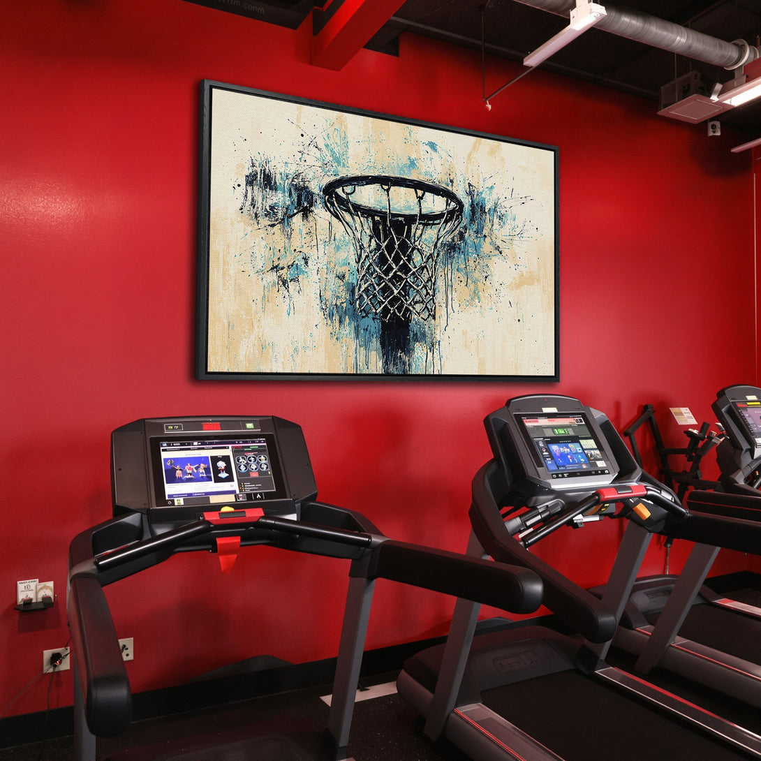 Framed Wall Art: Abstract basketball hoop art with teal and beige accents. Modern style canvas print adds a pop of color to any space.
