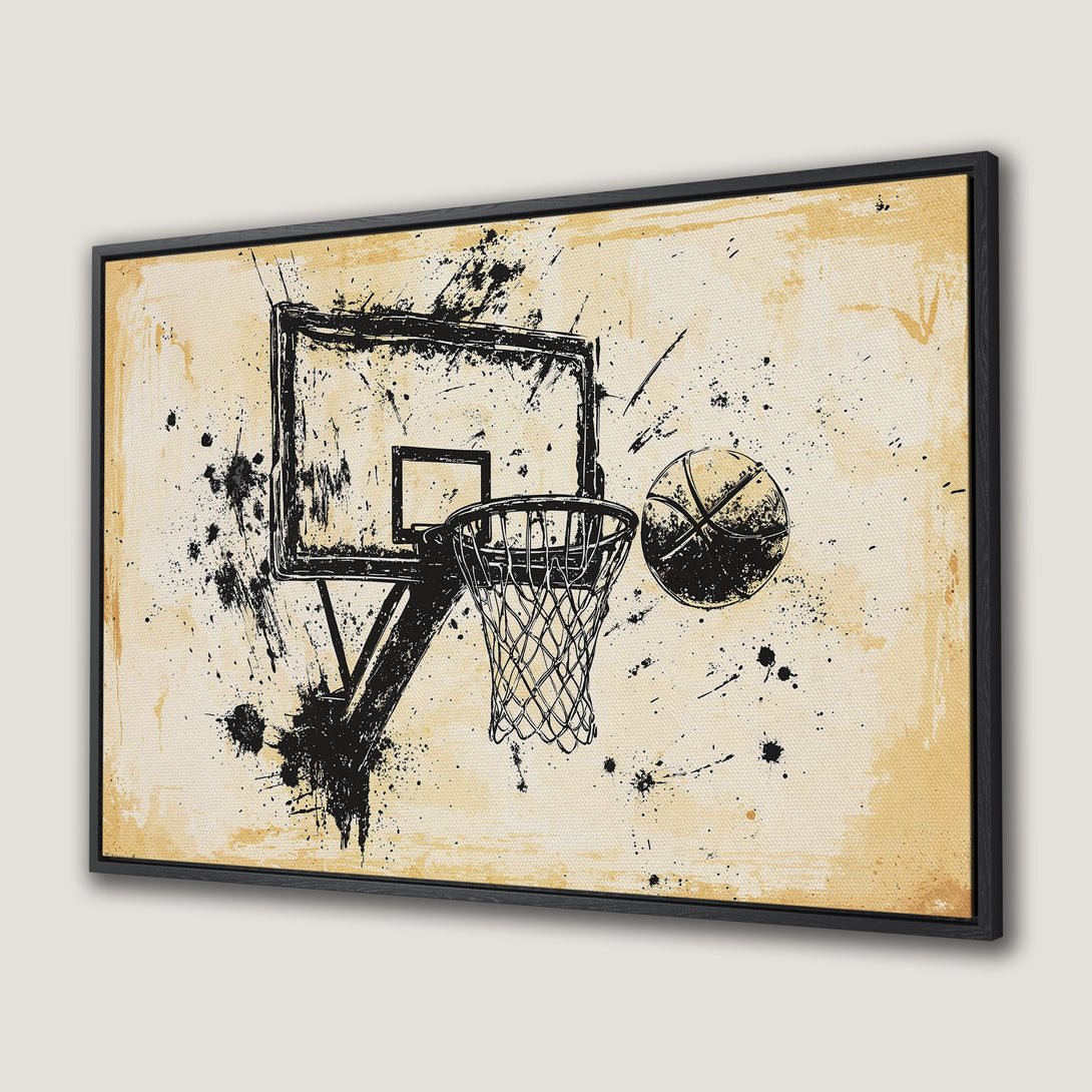 Framed Wall Art: Abstract basketball art in black and beige. Modern Canvas Print with a sports theme, perfect for home decor.