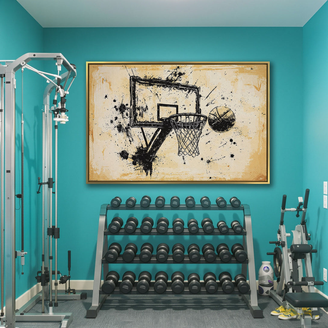 Canvas Print of a basketball hoop in a modern, abstract style. Features a neutral color palette with black and beige tones. Perfect for sports fans!