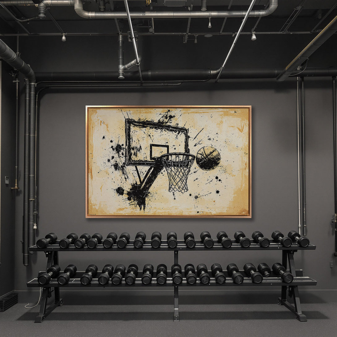 Framed Wall Art: Abstract basketball art in a gym setting. Features a black and tan color palette, perfect for modern decor. Elevate your space with this unique canvas print.