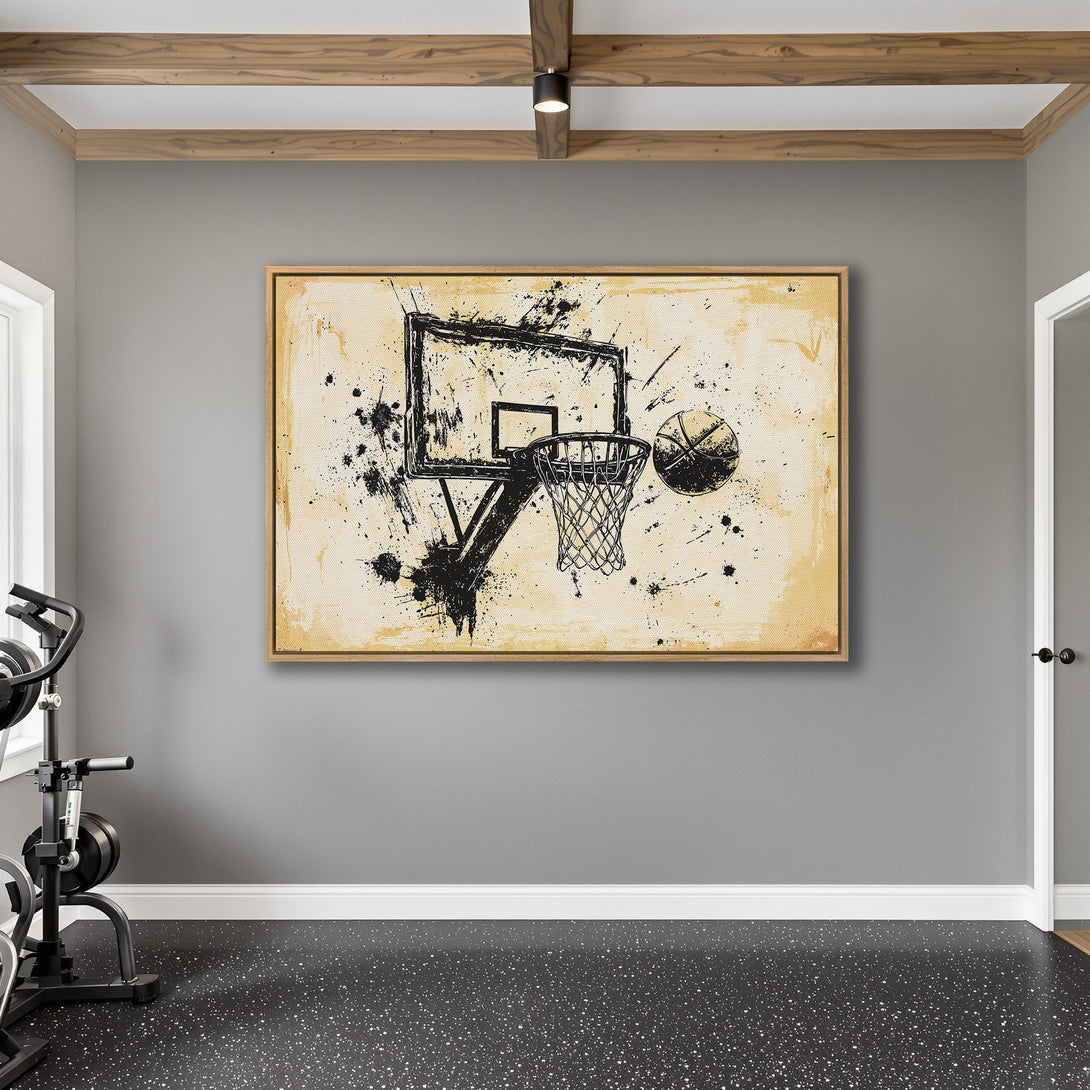 Framed Wall Art: Abstract basketball hoop art in black and beige. Modern sports decor for home gym. Neutral color palette for a stylish interior.