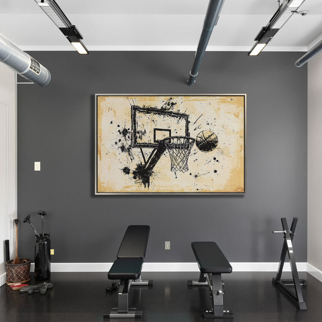 Framed Wall Art featuring a basketball hoop in a modern, abstract style with a black and beige color palette, perfect for sports decor.