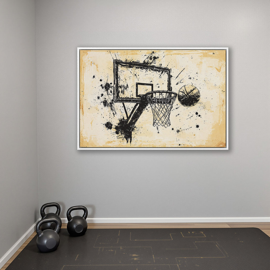 Framed Wall Art Canvas Print featuring a basketball hoop in a grunge style. Black and beige color palette, perfect for a gym or sports-themed space.