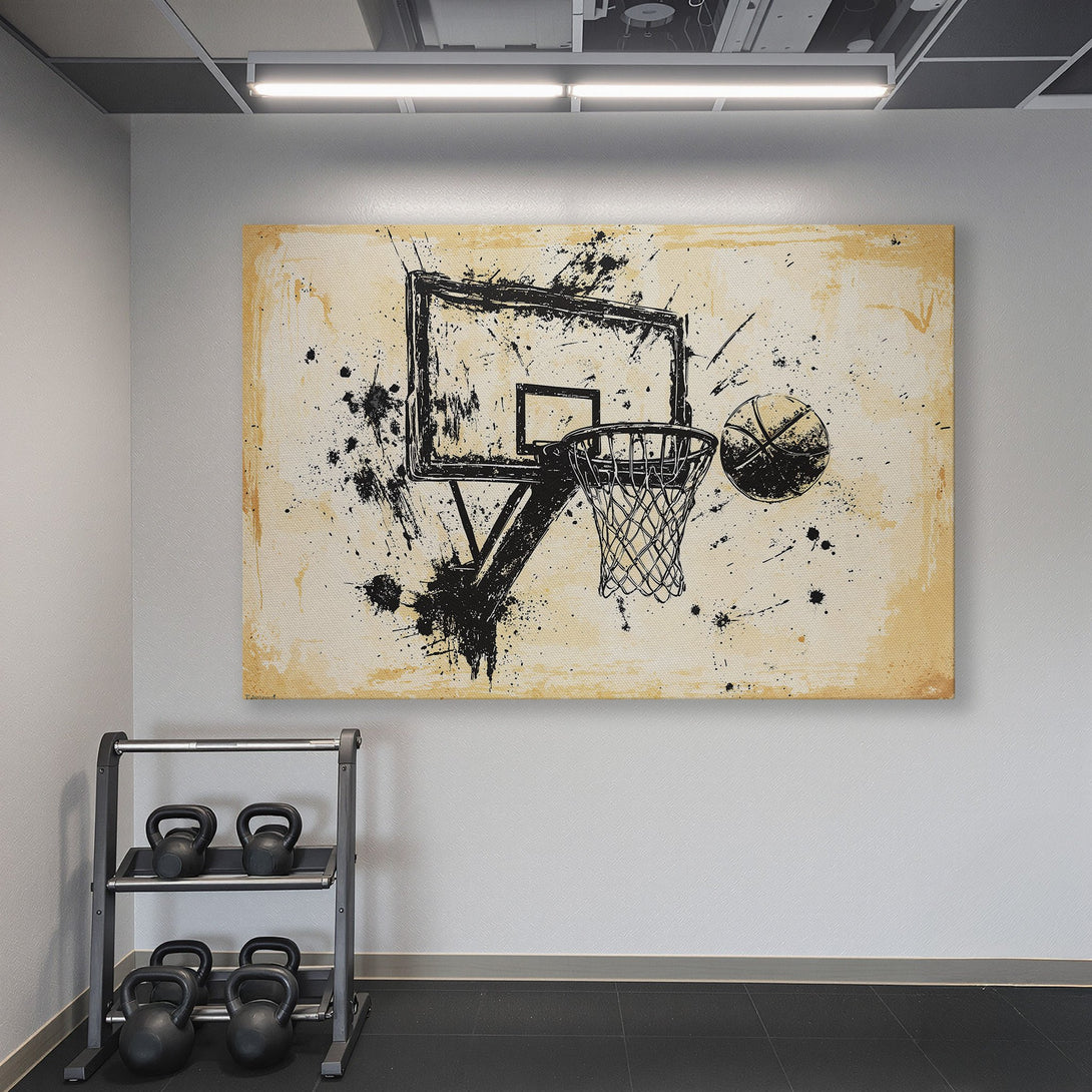 Framed Wall Art: Abstract basketball print in a gym. Black and beige artwork with a teal wall background. Elevate your space with stylish wall decor!