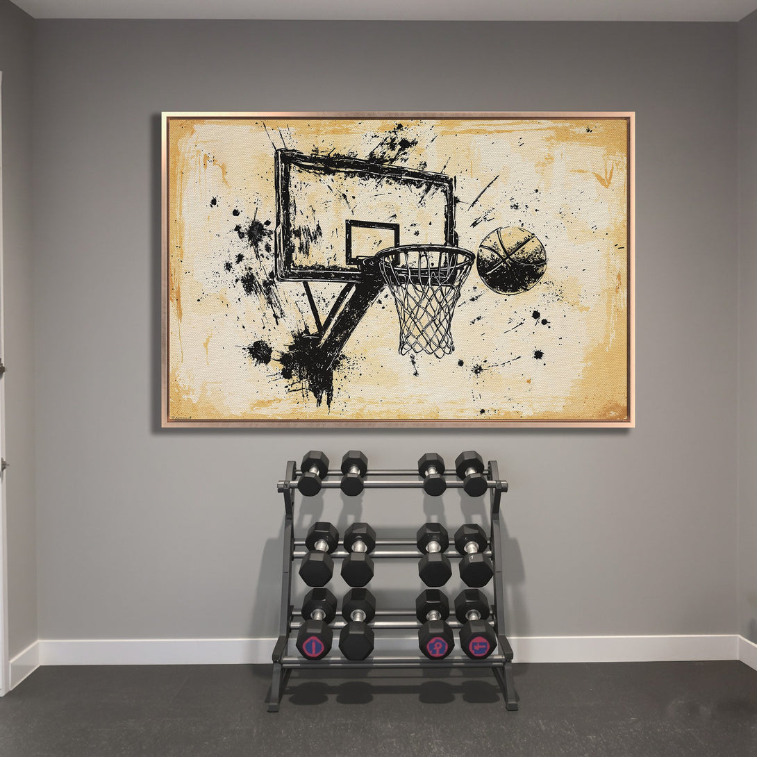 Framed Wall Art: Abstract basketball hoop Canvas Print in black and tan, perfect for a modern sports-themed home gym.