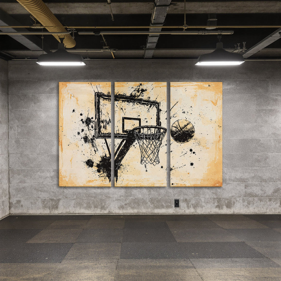 Canvas Print: Abstract basketball art in black & beige. Modern wall decor for sports fans. Rustic style, neutral color palette.