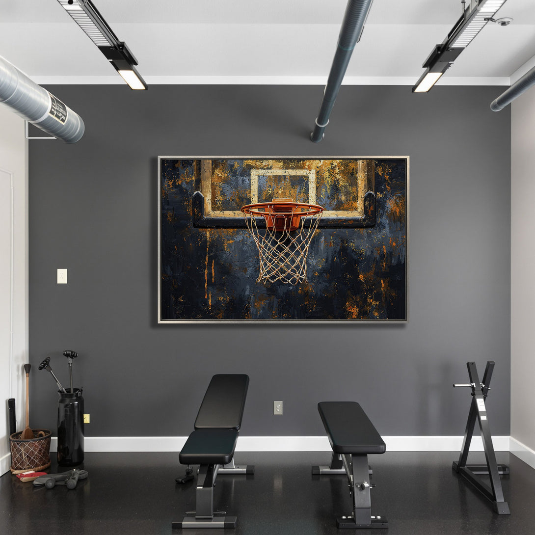 Framed Wall Art of a basketball hoop in a modern style, featuring a dark blue and gold abstract color palette, perfect for home decor.