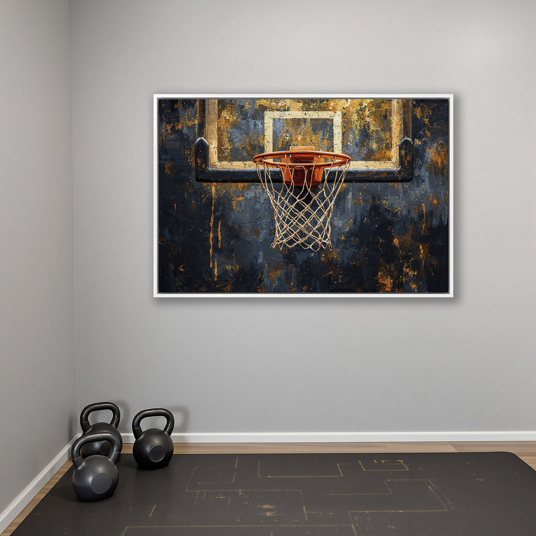 Framed Wall Art: Abstract basketball hoop art in a modern interior. Dark blue and orange palette, perfect for a gym or home decor.