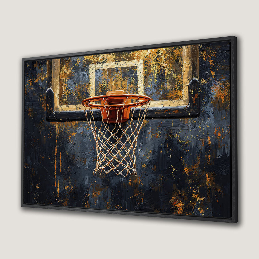 Framed Wall Art: Abstract basketball hoop art in navy, orange, and gold. Modern textured Canvas Print perfect for sports fans.