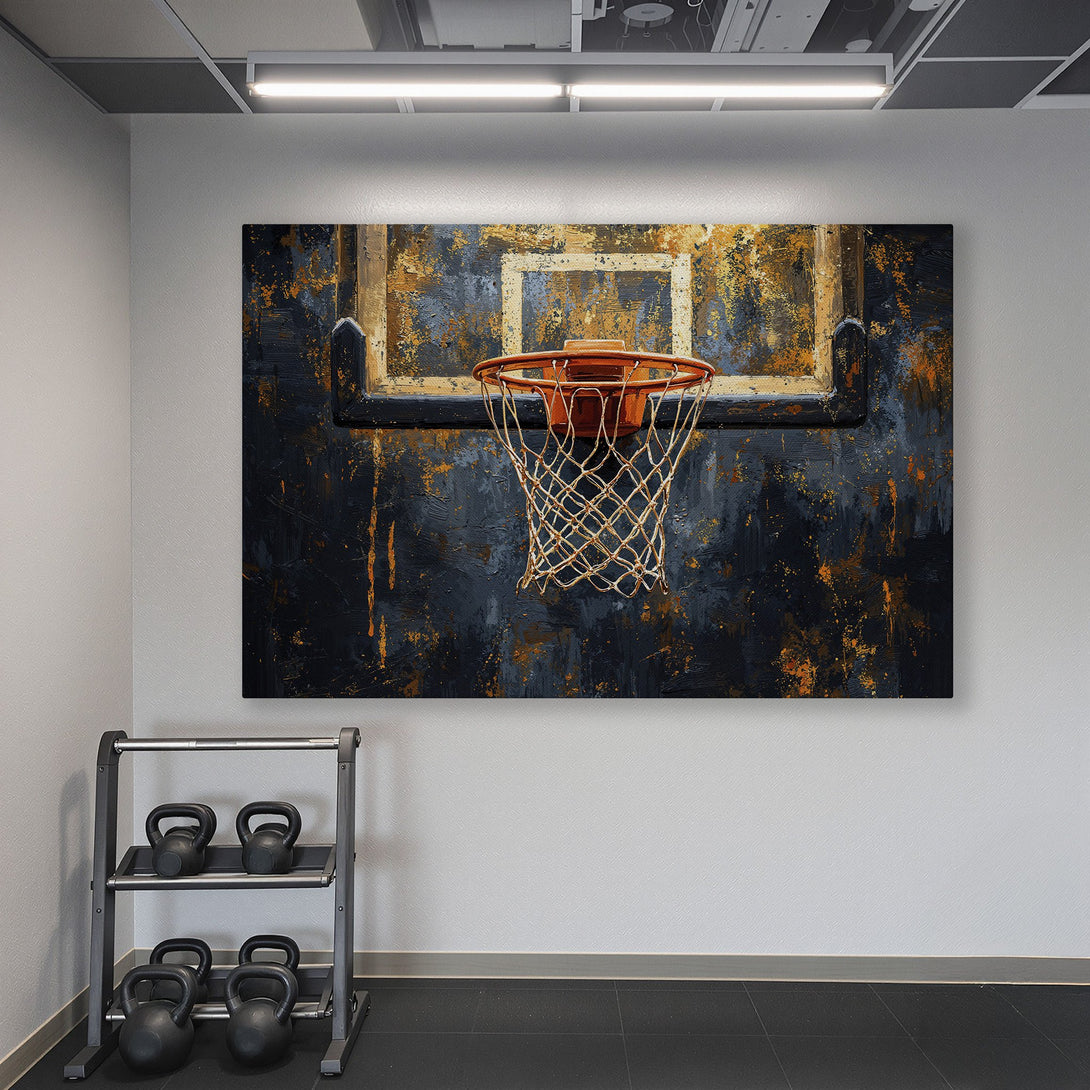 Framed Wall Art: Abstract basketball hoop art in a gym. Dark & orange tones pop against the turquoise wall. Elevate your space with this unique canvas print!