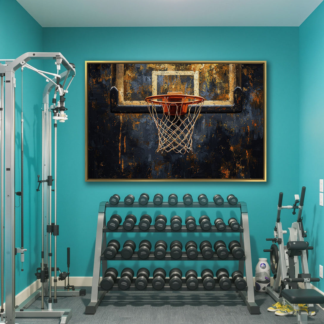 Canvas Print of a basketball hoop in an abstract style with a dark, textured background and orange/gold accents. Perfect wall art for a modern space.