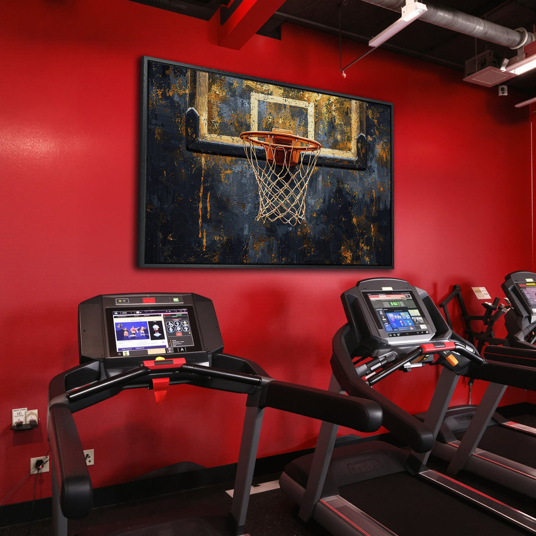 Framed Wall Art: Abstract basketball hoop in a gym. Dark blue, gold, and red color palette. Modern art for your home or office.