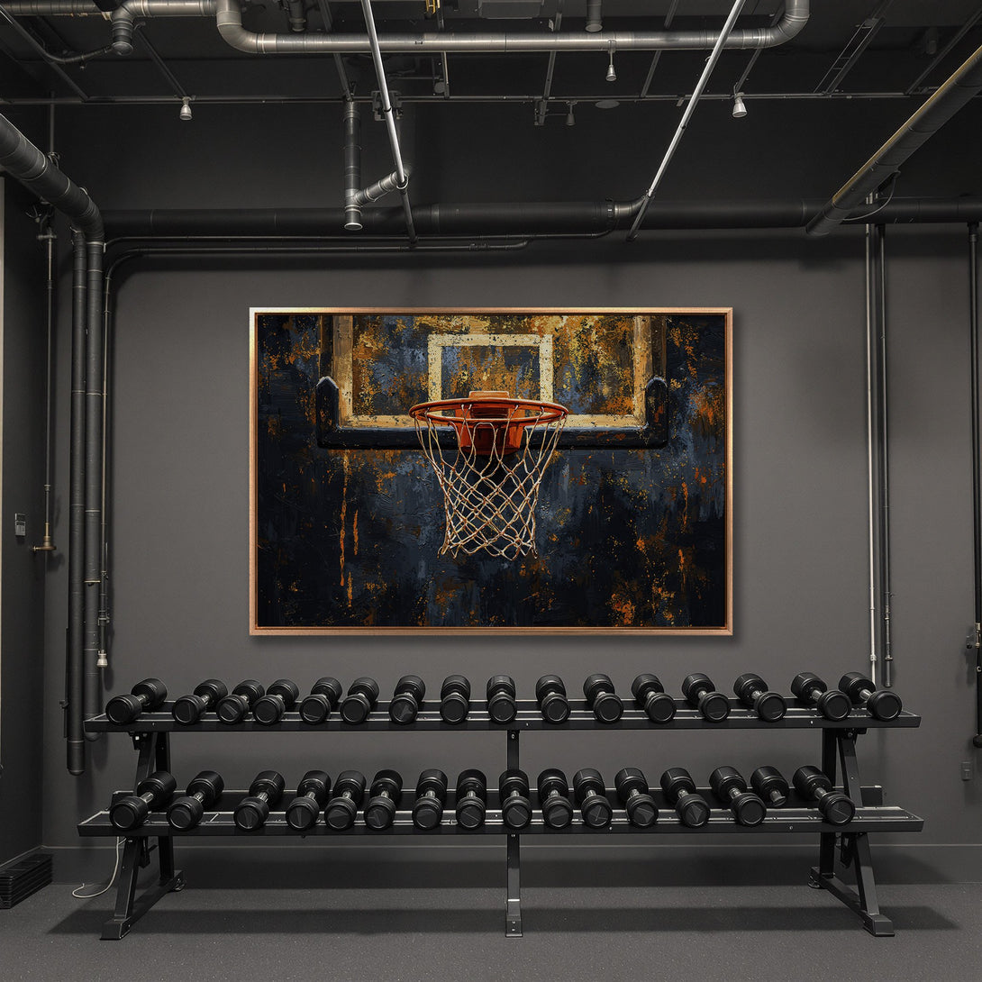 Framed Wall Art featuring a basketball hoop in an abstract style with a dark blue and orange color palette. Perfect for gym decor.