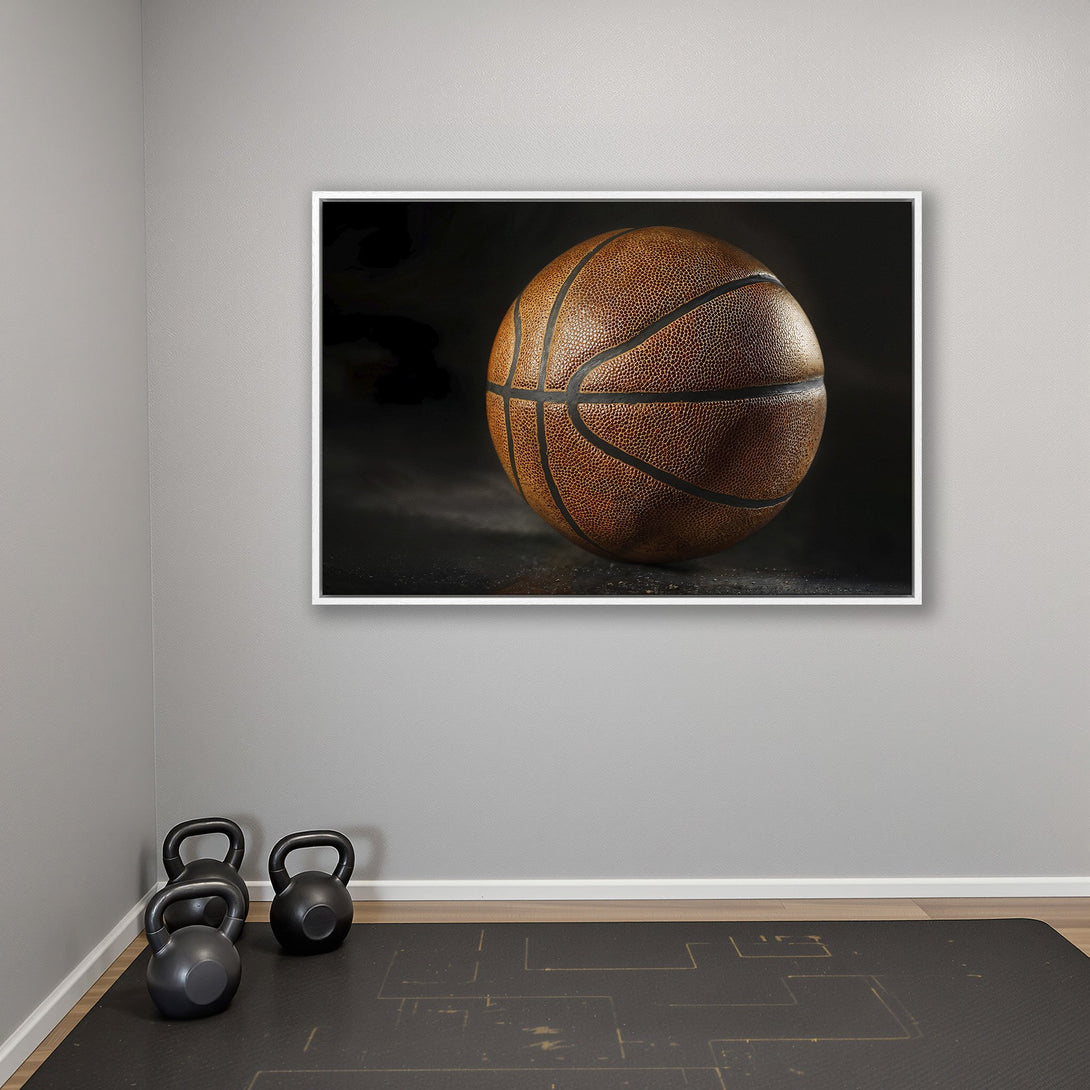 Framed Wall Art: Dramatic basketball canvas print in a modern interior. Features a brown and black color palette, perfect for sports enthusiasts.
