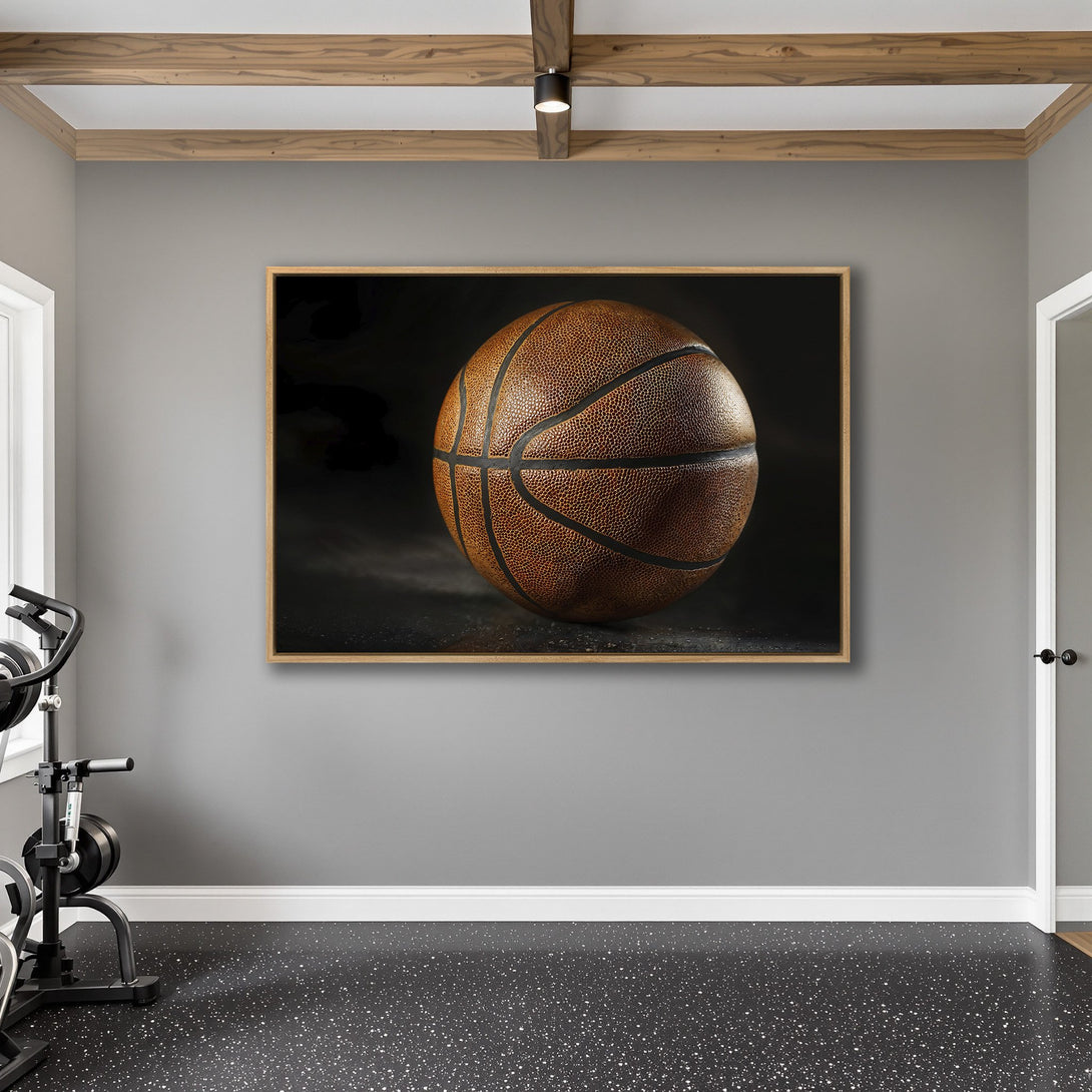 Framed Wall Art featuring a detailed basketball in a modern interior. Warm brown tones on a dark background, perfect for sports enthusiasts.