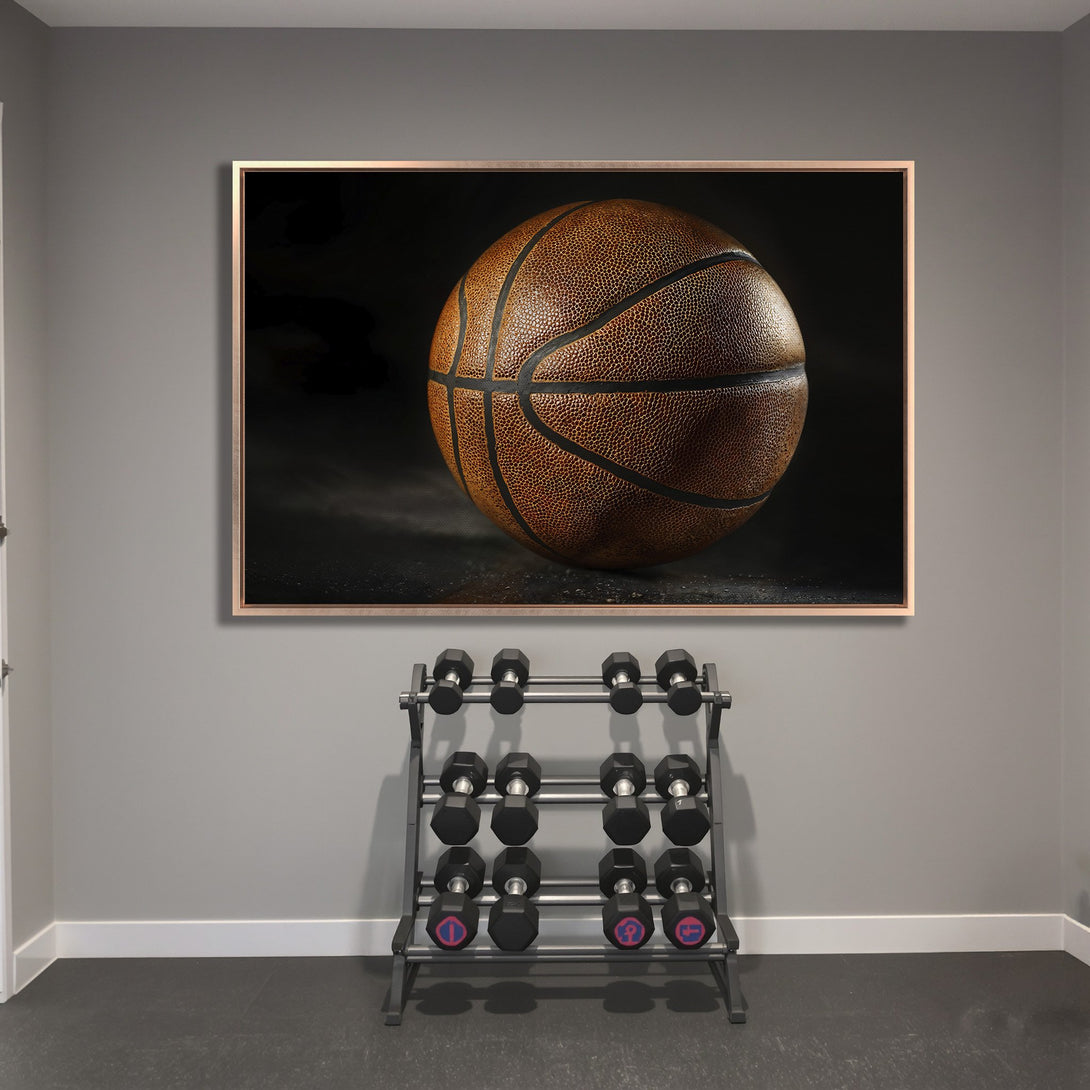 Framed Wall Art: Basketball print with brown and black tones. Modern sports decor for home gym or man cave. Enhance your space with this canvas print.