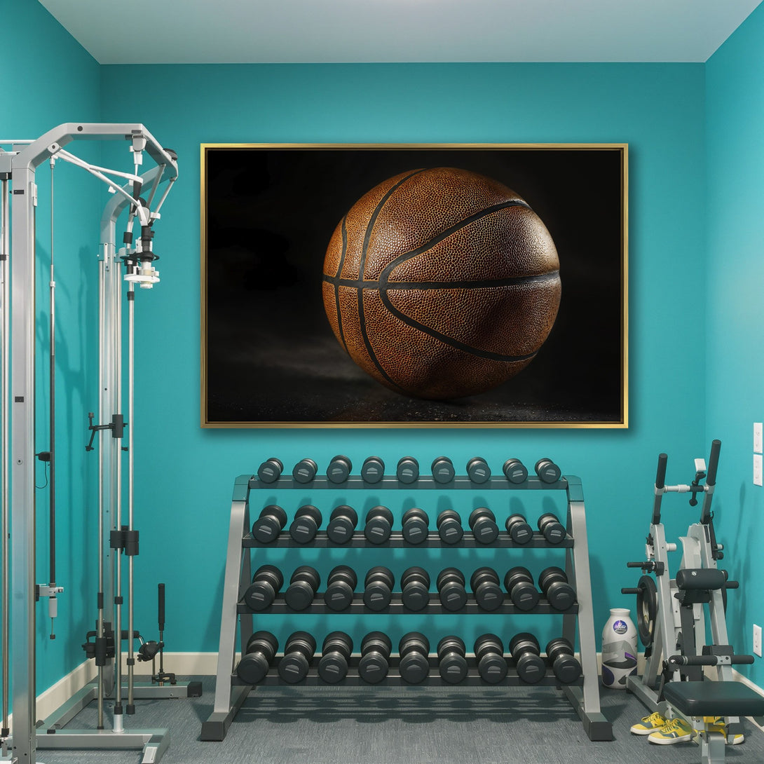 Canvas Print of a detailed basketball. Warm brown tones with black accents create a dramatic, modern sports-themed wall art piece.