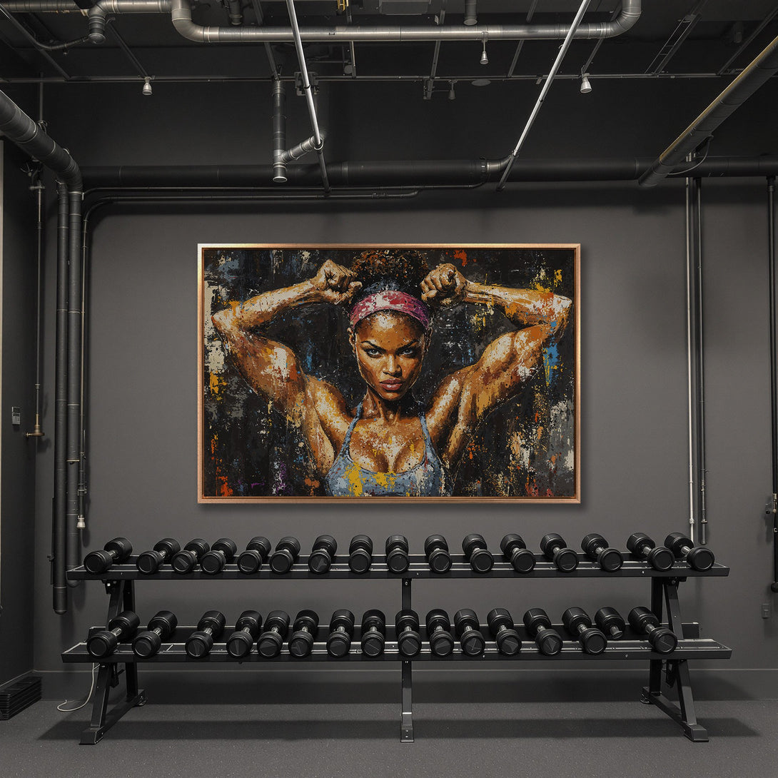 Framed Wall Art: Powerful woman flexing. Abstract style with a dark, moody palette. Perfect gym decor or motivational art for your home.