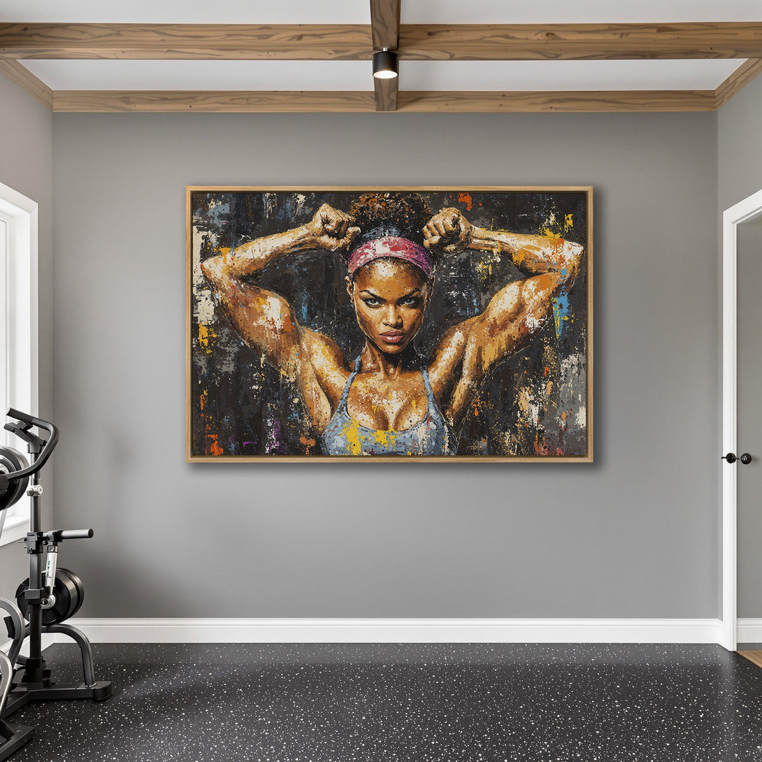 Framed Wall Art: Powerful woman portrait in a gym, abstract style with a dark, colorful palette. Elevate your space with this inspiring canvas print.