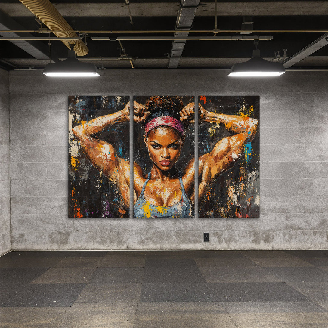 Canvas Print of a powerful woman in an abstract style. Features a bold, colorful palette with black, orange, and blue tones.