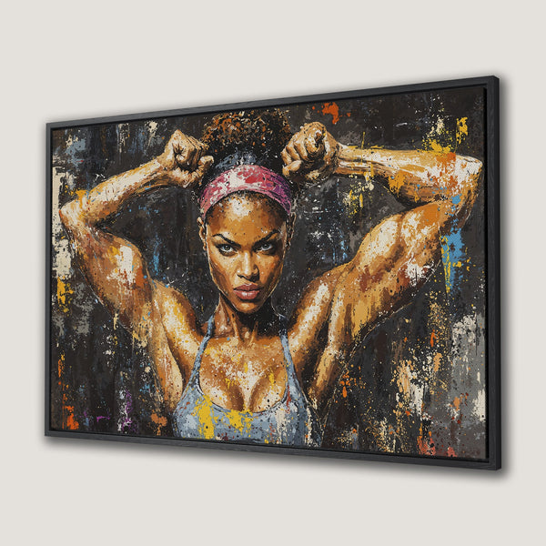 Framed Wall Art: Powerful woman portrait in abstract style. Bold colors of brown, black, and splashes of vibrant hues. Perfect for a modern home.