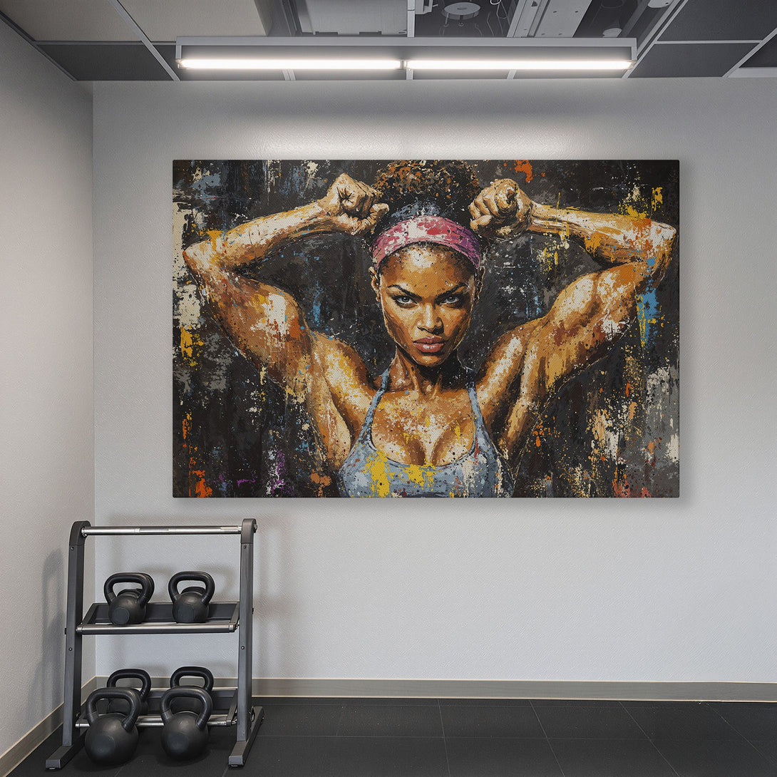 Framed Wall Art of a strong woman in a gym. Abstract style with a warm, earthy palette against a teal wall. Perfect for home gyms!