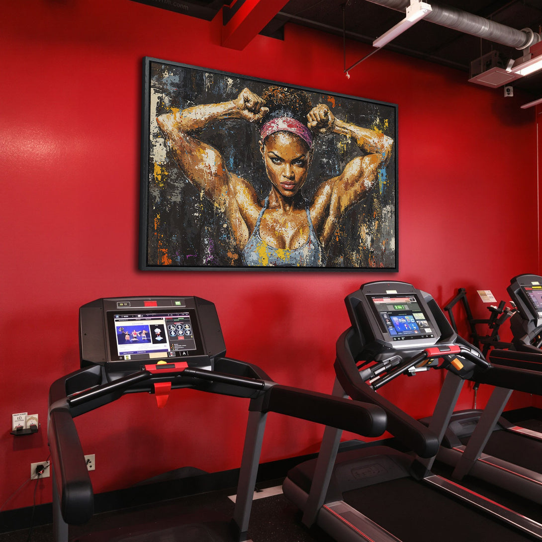 Framed Wall Art of a strong woman in a gym, abstract style with a dark, earthy color palette. Perfect for fitness enthusiasts.