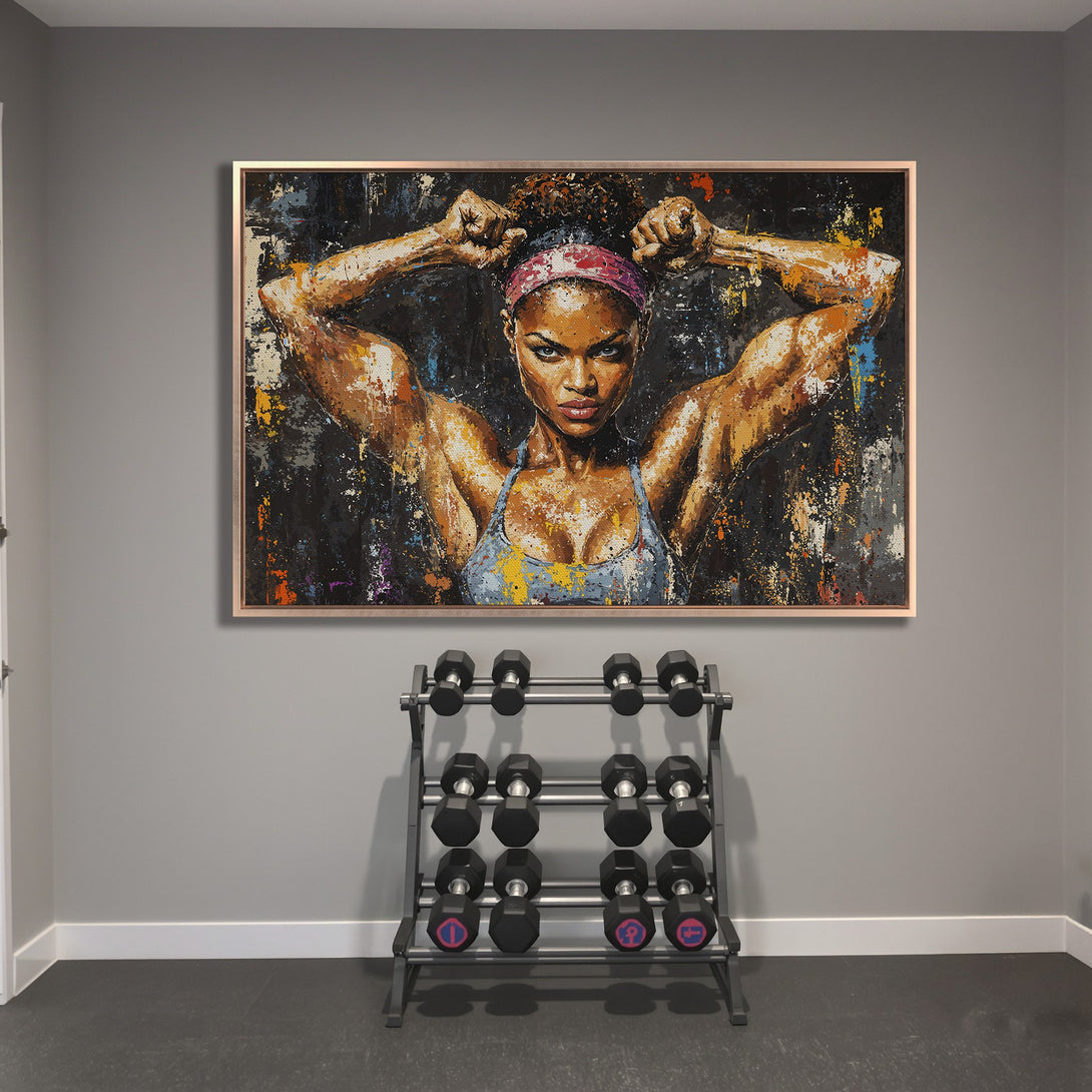 Framed Wall Art: Powerful woman canvas print in a modern, abstract style. Features a bold, colorful palette of orange, black, and blue. Perfect gym decor!