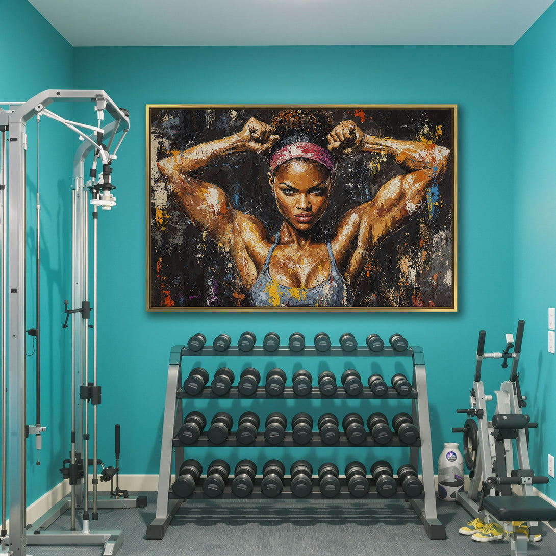 Canvas Print of a powerful female athlete in an abstract style. Features a dark, moody background with warm, vibrant color accents. Perfect for any gym!