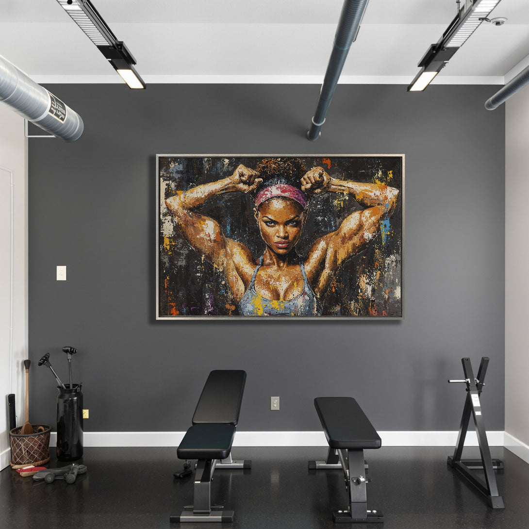 Framed Wall Art: Powerful woman portrait in a modern gym. Abstract style with a dark, moody color palette. Enhance your space with this inspiring canvas print.