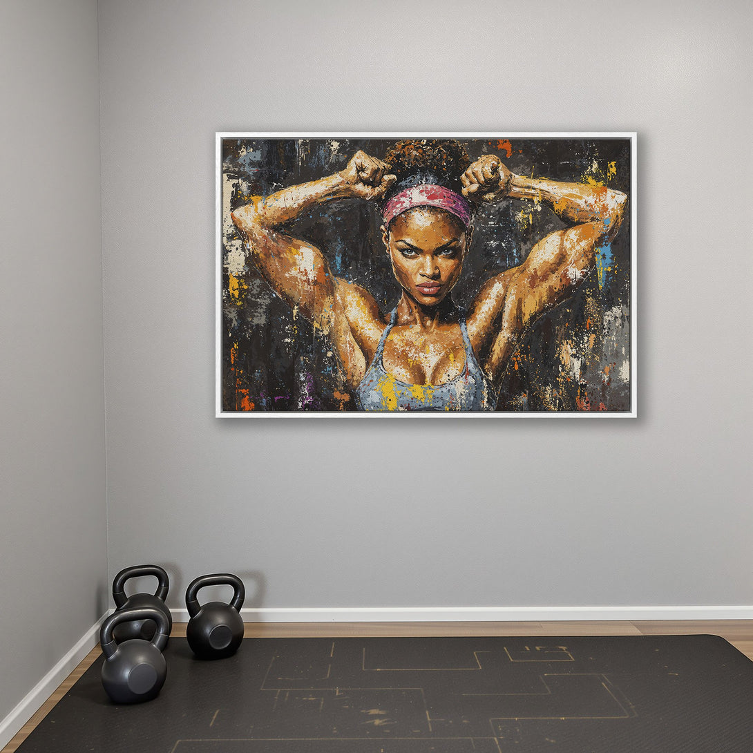 Framed Wall Art of a strong woman in an abstract style with a dark, colorful palette. Perfect for your home gym!
