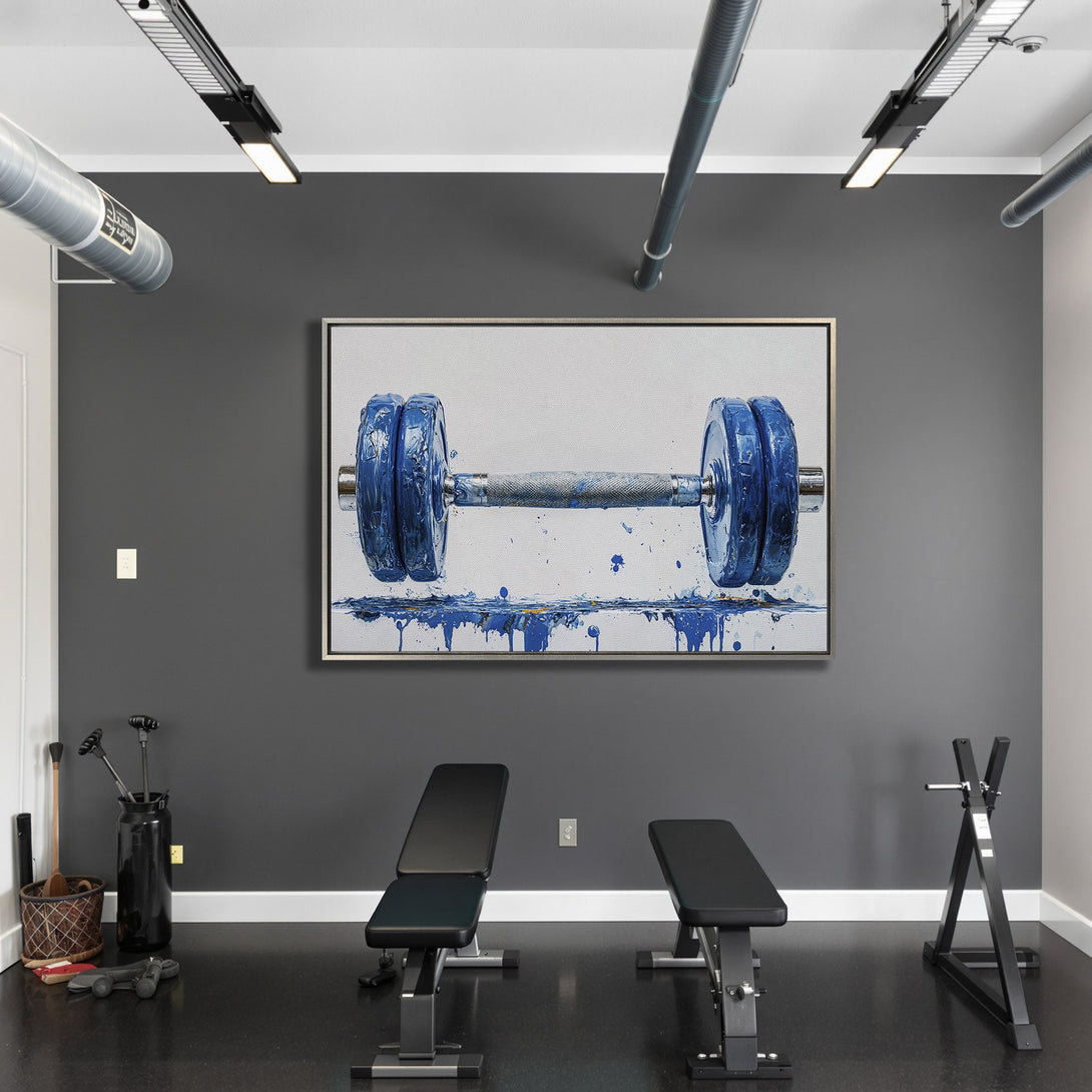 Framed Wall Art: Abstract blue dumbbell painting. Modern art for home gym decor. Blue and gray color palette. Elevate your space with stylish wall art.