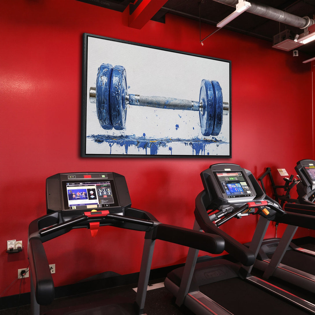 Framed Wall Art: Abstract blue dumbbell art in a gym setting. Bold, modern style with a striking blue and red color palette. Perfect for fitness enthusiasts!