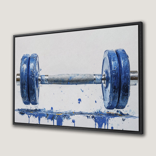 Framed Wall Art featuring a vibrant blue dumbbell in an abstract style. Modern art with a bold blue and white color palette. Perfect for home gym decor.