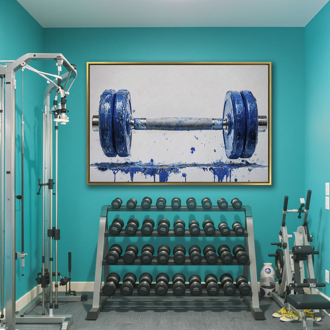 Canvas Print: Abstract dumbbell art in blue hues. Modern gym wall decor with a splash of color. Perfect for fitness enthusiasts.