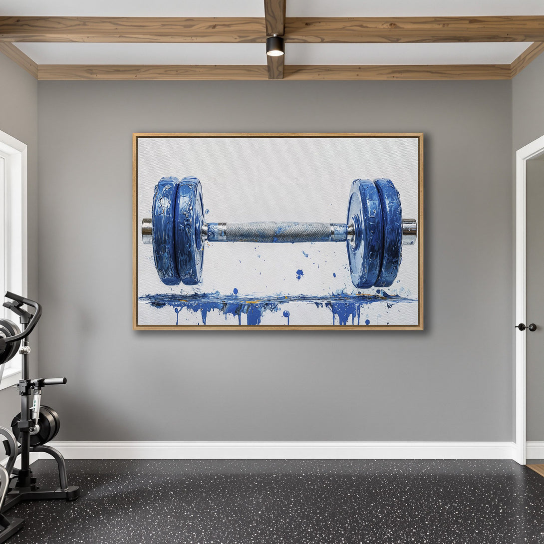 Framed Wall Art: Abstract blue dumbbell painting, modern style, displayed in a gym setting. Features a vibrant blue and white color palette.