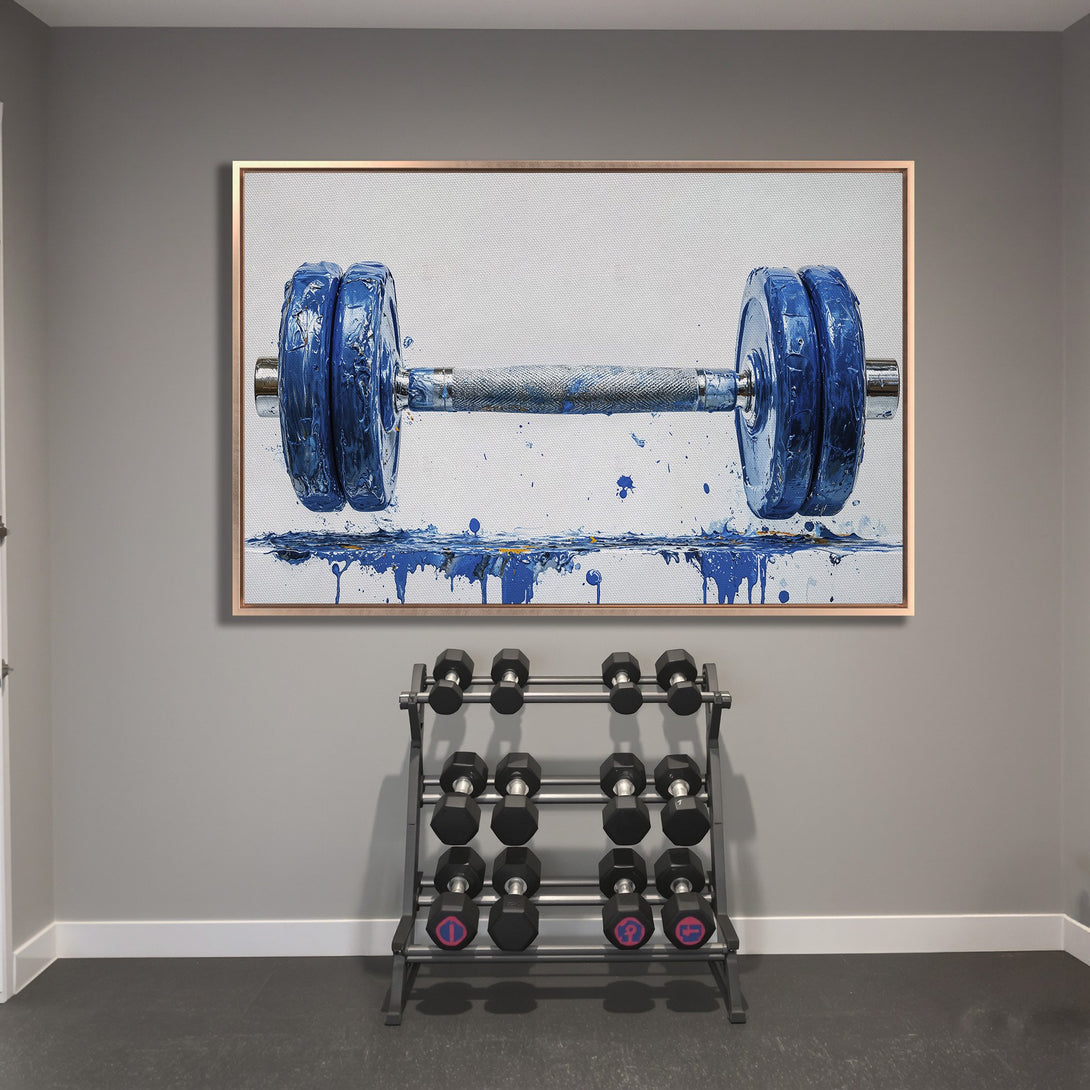 Framed Wall Art: Abstract blue dumbbell painting. Modern art canvas print with a splash of color, perfect for a home gym.
