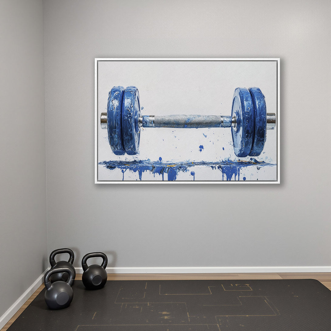 Framed Wall Art: Abstract blue dumbbell painting. Modern fitness decor with a cool, artistic vibe. Perfect for home gyms!