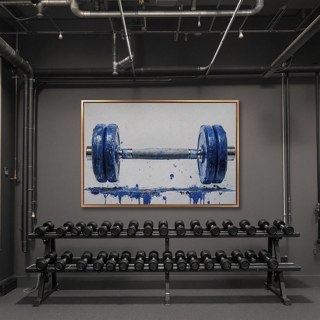 Framed Wall Art: Abstract blue dumbbell painting in a gym setting. Modern art with a bold blue and gray color palette. Elevate your space!