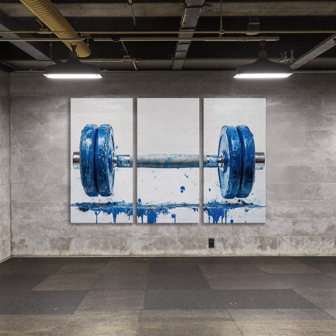 Abstract blue barbell Canvas Print, modern art for gym decor. Bold blue and white color palette. Perfect for fitness enthusiasts.