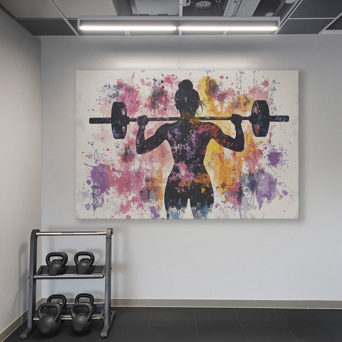 Framed Wall Art: Watercolor silhouette of a weightlifter in a gym. Colorful abstract art with a gold frame. Perfect for home gyms!