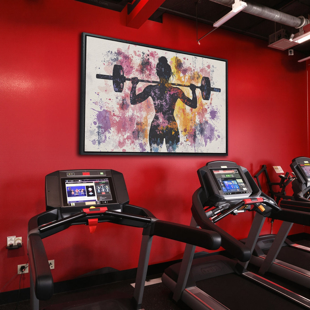 Framed Wall Art: Watercolor silhouette of a woman lifting weights. Modern art with vibrant color palette, perfect for gym or home decor.