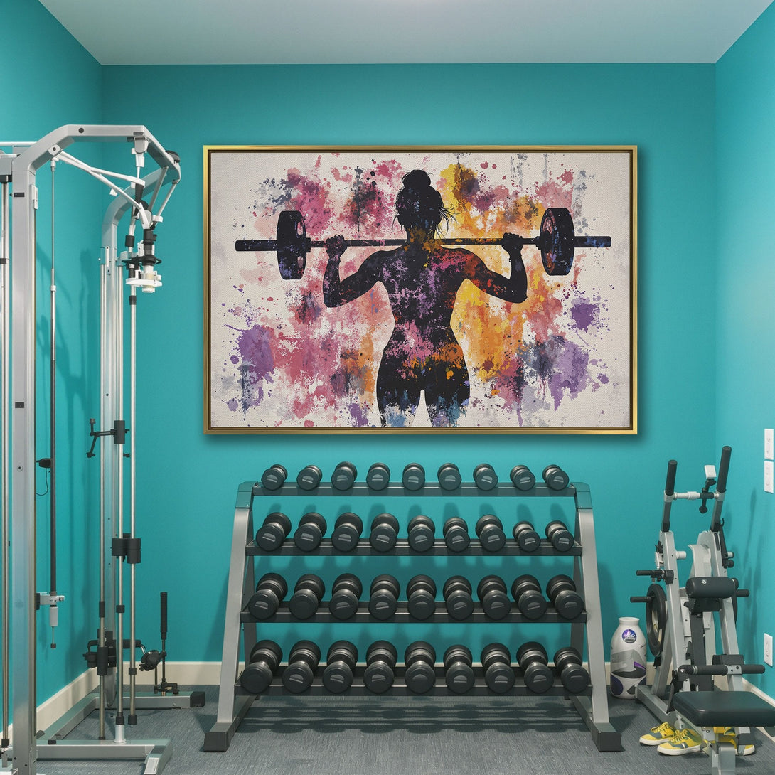 Canvas Print of a weightlifting woman, watercolor style with a colorful splatter effect. Perfect gym decor, featuring a vibrant palette of pinks, purples, and oranges.