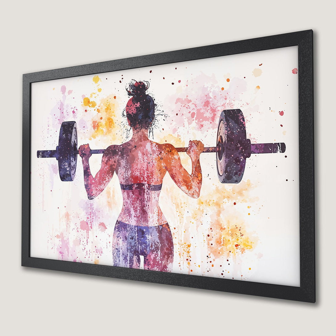 Framed Poster of a woman lifting weights, watercolor style, with a vibrant purple, pink, and orange color palette.