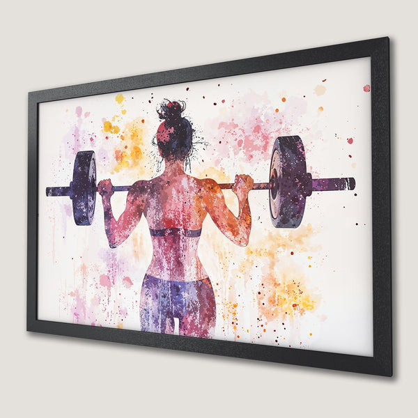 Framed Poster of a woman lifting weights, watercolor style, with a vibrant purple, pink, and orange color palette.