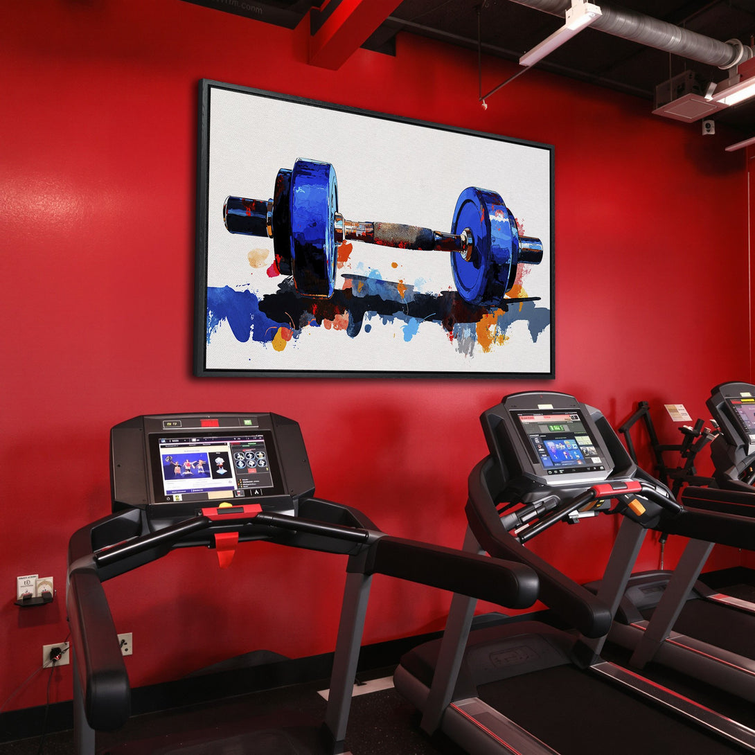Framed Wall Art: Abstract watercolor dumbbell art in blue & orange. Modern gym decor. Canvas Print adds a bold statement to your space!