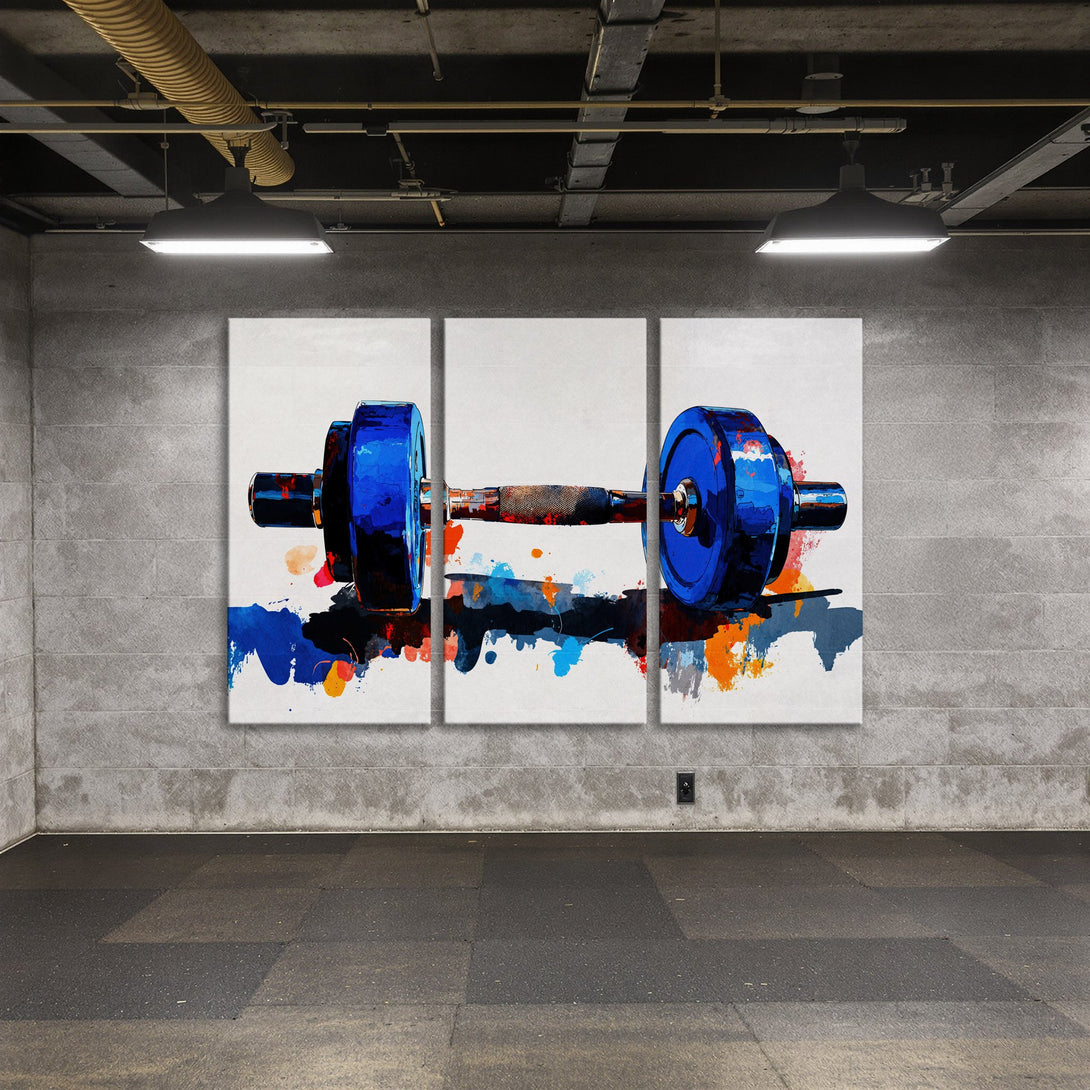 Canvas Print of a blue dumbbell in an abstract style. Modern wall art with a blue, orange, and white color palette. Perfect for gym decor.
