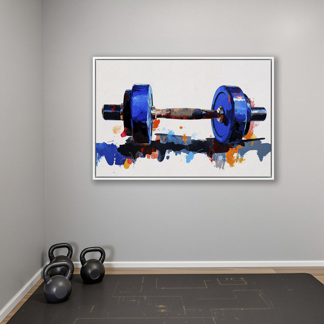 Framed Wall Art: Abstract dumbbell painting in blue, orange, and black. Modern fitness decor for your home gym. Canvas Print.