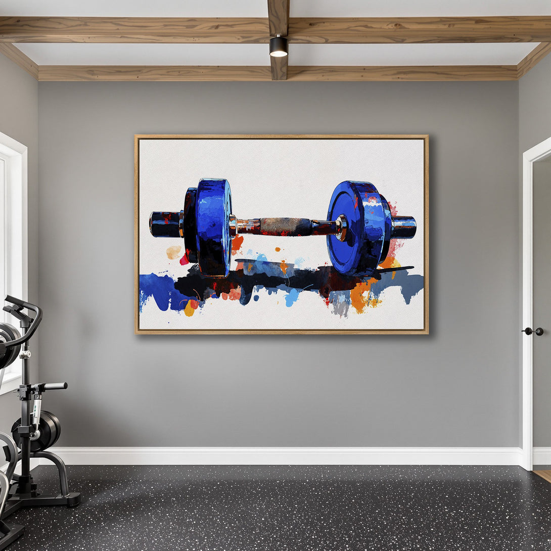 Framed Wall Art: Abstract dumbbell art in a gym. Bold blue, orange, and black on canvas. Perfect for home gym decor or fitness enthusiasts.